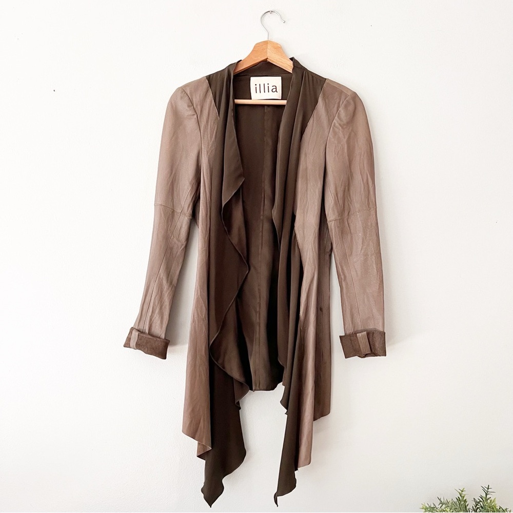 Illia Anthropologie Womens Jacket Cardigan Beige Leather Silk Waterfall Brown 10